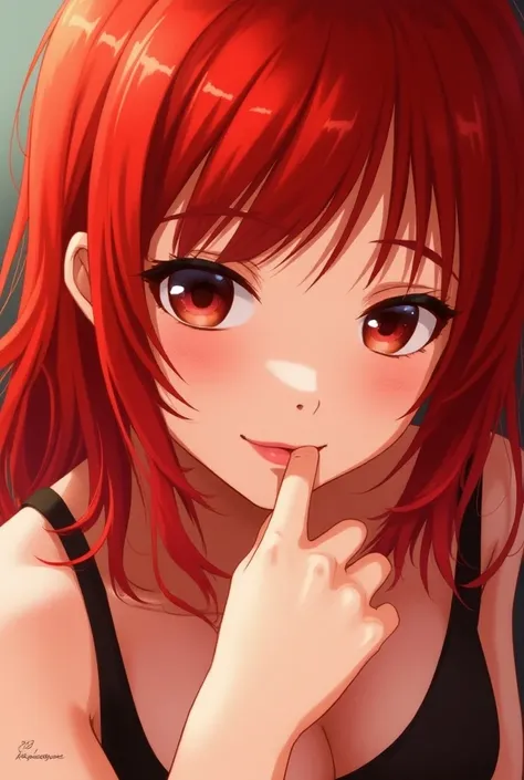 An anime girl with red hair looks at you in a sexy way and her cheeks are red and bites her lips in a tempting way