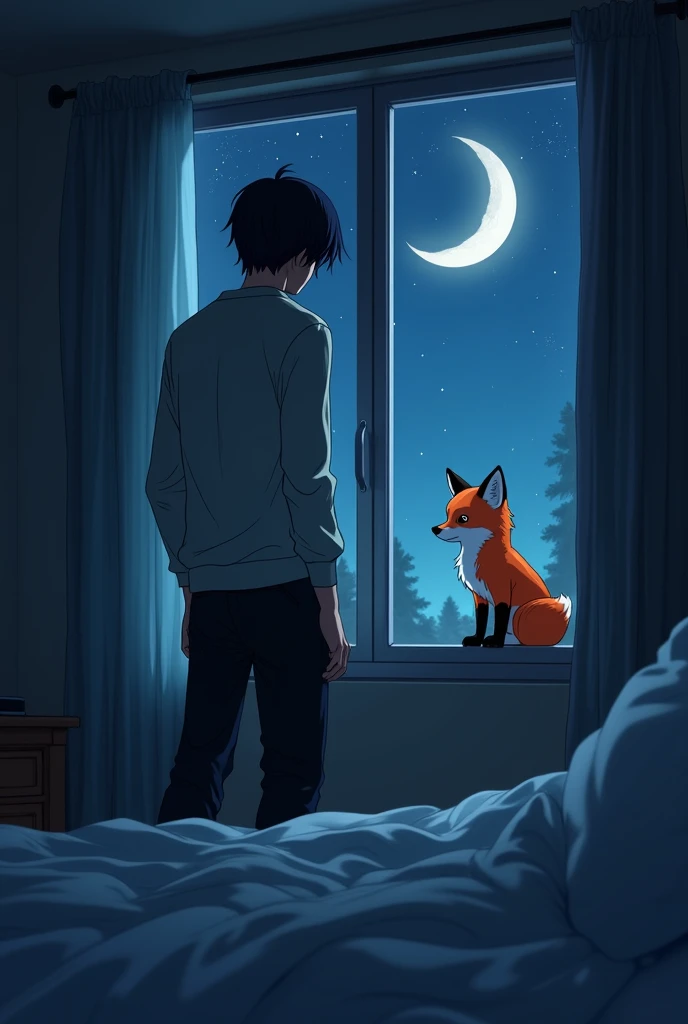 Anime-like image of a tall, slender man with shoulder-length hair standing up to his shoulders tidying up his bed in his room, turning his back to the window with his torso facing forward and his head slightly back, seeing the head of a fox peeking out the...