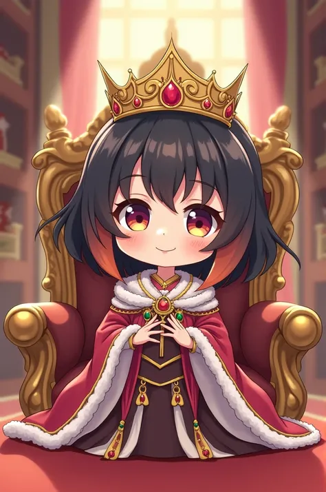 anime,OC, Cute woman, king, Black and brown hair, chibi