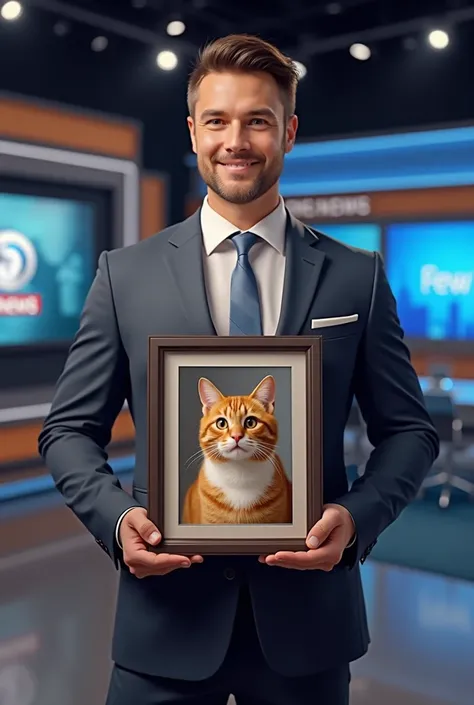  Male reporter in a TV studio ,  with a picture of a caramel-colored cat  , The cats name is Gabriela 