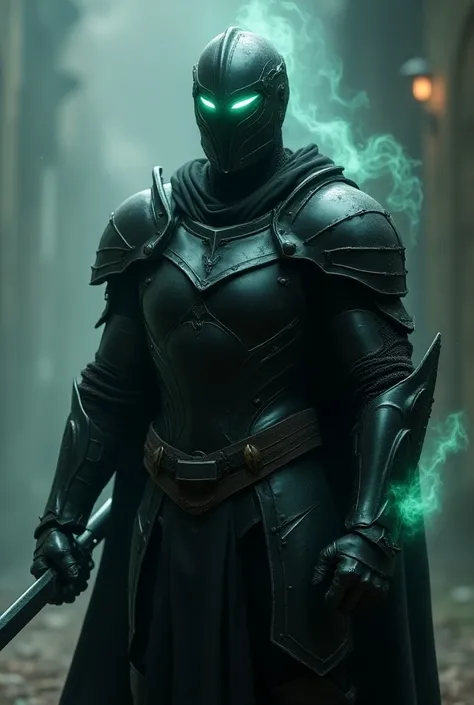 a waist up close up of a knight in black armor wearing a knight helmet, no weapons, glowing mint visor, more clothes. give him glowing mint colored accents, concept art inspired by Raymond Swanland, trending on Artstation, fantasy art, steel inquisitor fro...