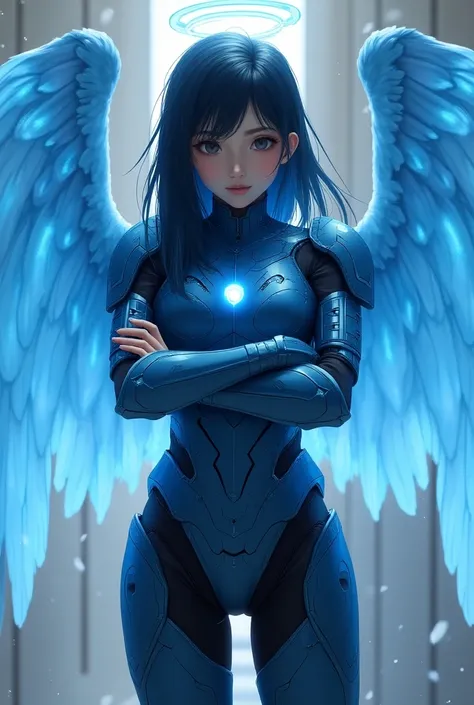 (Photorealistic: 1.2) Beautiful teen japanese girl with technological blue iron armor from the future. Large Glowing Angel wings, arms crossed. With a halo on the head. Thigh armor gap.