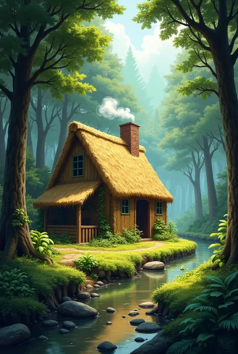 forest background with straw house 