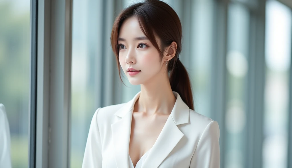 A beautiful Japanese woman wearing a white suit:1.21, sexy white blouse, wearing glasses: 1.2, extremely detailed skin, large breasts:1.22, deep cleavage, small head, cute face, brown straight hair:1.21, neatly styled, bright eyebrows, pony tail, looking o...