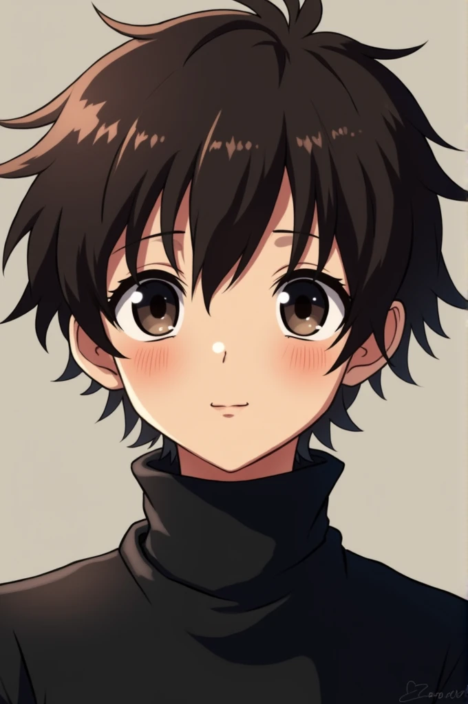 Boy with short dark brown fluffy hair, big dark brown eyes, wearing a black turtleneck in Hunter x Hunter anime style