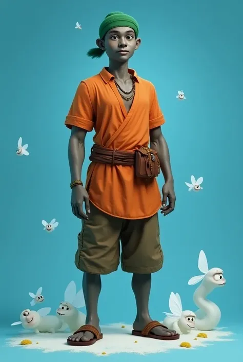 Male character, young adult Man, tall, bald, with gray skin, with green beanie on his head, wears his Guyanese clothing, orange Short kurta, brown-gray pants (not shorts), with brown sandals on his feet, with blue background with white pixies spreading, in...