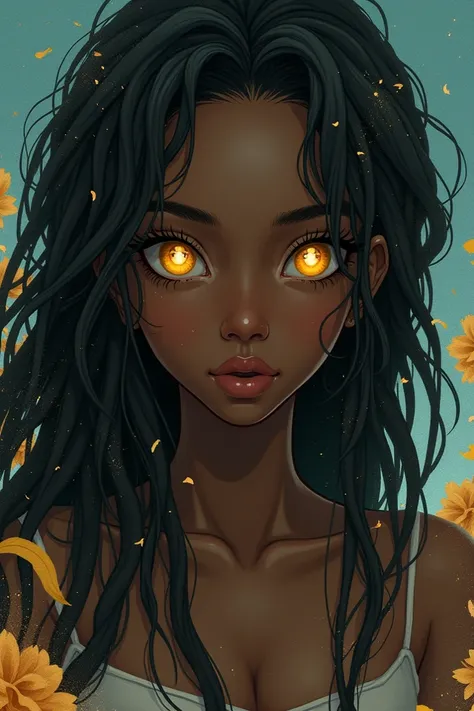 Make me the image of a woman with a dark complexion , dreadlocks in dark-colored hair and honey-colored eyes.  The style of the image of the woman must be anime mixed with surrealism