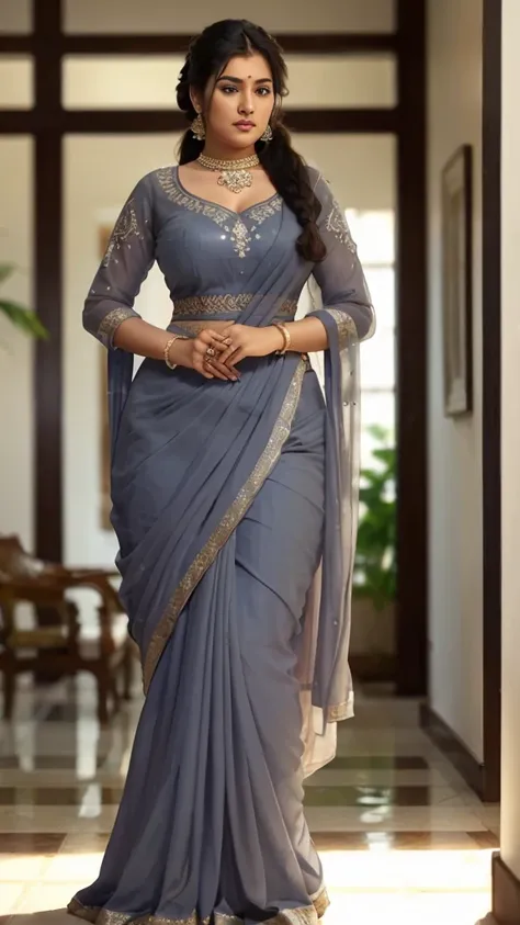 Side view , full body image of plus sized hourglass figured Telugu anchor syamala, side view, embroidered white colour transparent gray colour saree  and cream colour strapless blouse, hugging, a 60 year old man standing next to her, in a  living room, pon...