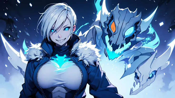 Toby Fox Undertale Sans Blue Jacket , Fire Eyes Skull Smile White Short Hair Luminous Face Blue Dragon Bone Cannon One Person Standing In Snow Town Femininefull Super huge big breasts breast enlargement ultra-detailed, HDR, vibrant colors, soft lighting