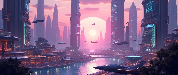 A sci-fi-inspired Dubai cityscape with high-tech features like flying cars and smart architecture, illustrated in vibrant colors.