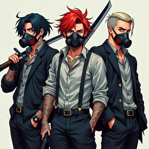 Three teenage boys, mafia, carrying katanas, cyberpunk outfit, cyberpunk theme, tattoos, different hairstyles and hair colours, different personalities, gas masks, dark art, vivid colours, fantasy, white skin