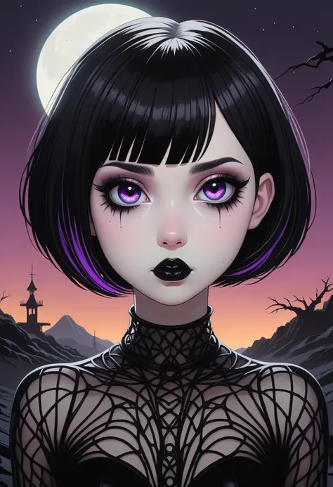 kawaii cute goth girl in a cartoon style, 1girl,solo, upper body, looking at viewer, white background, bob cut, short hair, multicolored hair, makeup, parted lips, black lips, eyeliner, gothic, goth girl, In a desolate, moonlit landscape, a lone figure eme...