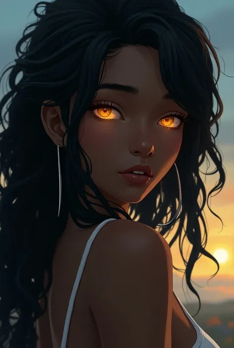 Make me the image of a woman with a dark complexion , dreadlocks in dark-colored hair and honey-colored eyes.  The style of the image of the woman must be anime mixed with surrealism