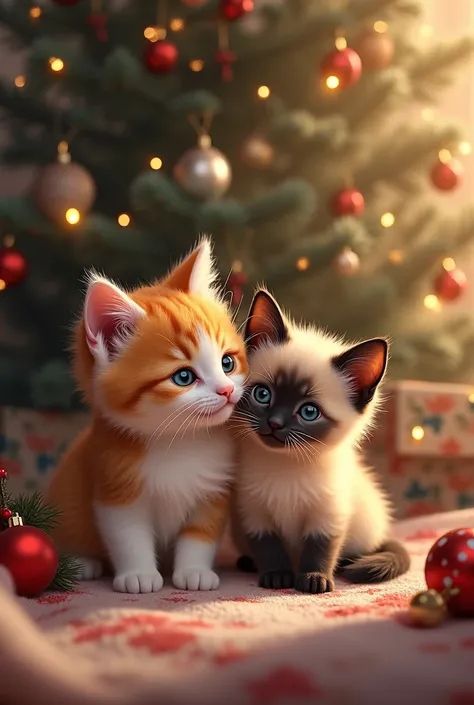 Asult Calico cat and hairy siames cat baby in Christmas