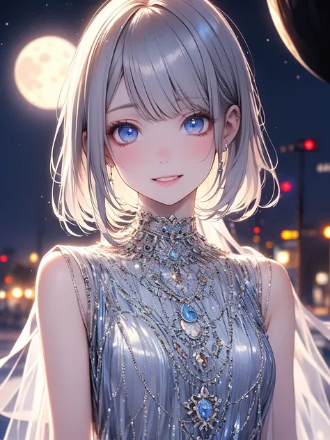 (masterpiece),( best quality:1.2),(perfect anatomy),( 1 girl), beautiful detailed blue eyes , beautiful silver short hair ,White clothes,Layering, beautiful smile,( very detailed elegant),from below ,Classic Style, rich colors, Brush Strokes ,Vivid texture...