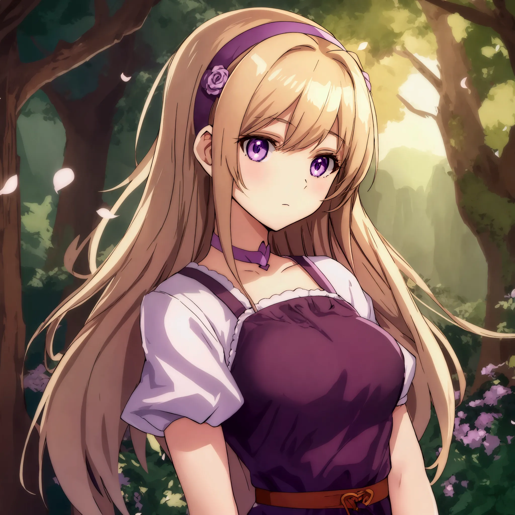 anime girl, 19, 5' 5", brown blonde hair, delicate purple eyes, innocent.