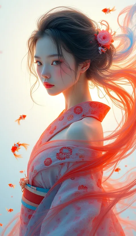  Beautiful Milky Glass Body、Cute and beautiful Japanese womans design 、The colorful paint from the atmosphere converges on women and converges into the shape of kimonos and hair、Colorful paint in the shape of a Nishikigoi swimming in the air、 watch the vie...