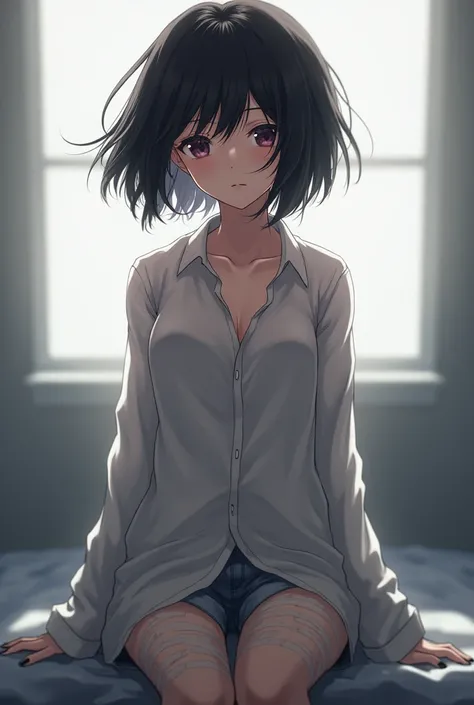 Beautiful anime girl with short and messy hair, Black Tips; blurred eyes, Long shirt, with some bandages on her body.