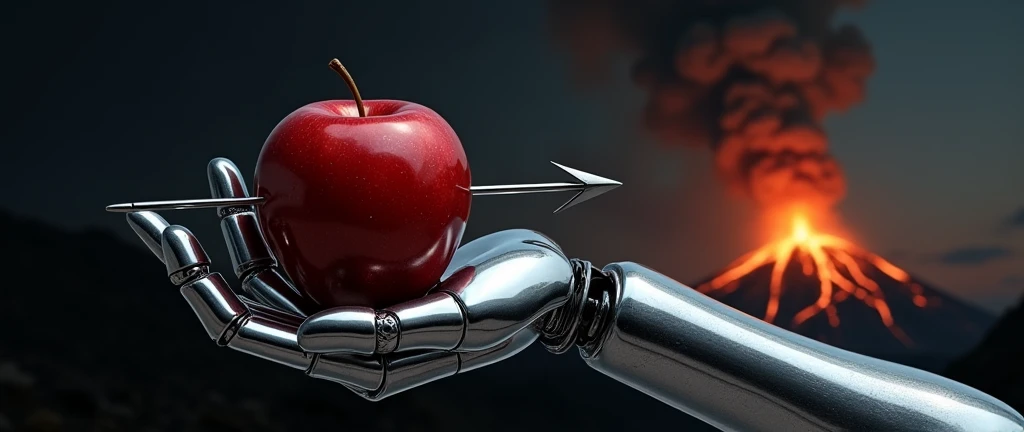 robotic hand in chromed steel resembling a human hand stretched horizontally in the center of the scene holds in its palm a red apple pierced by a metal arrow, in the background in the distance a nocturnal volcanic eruption, dark background