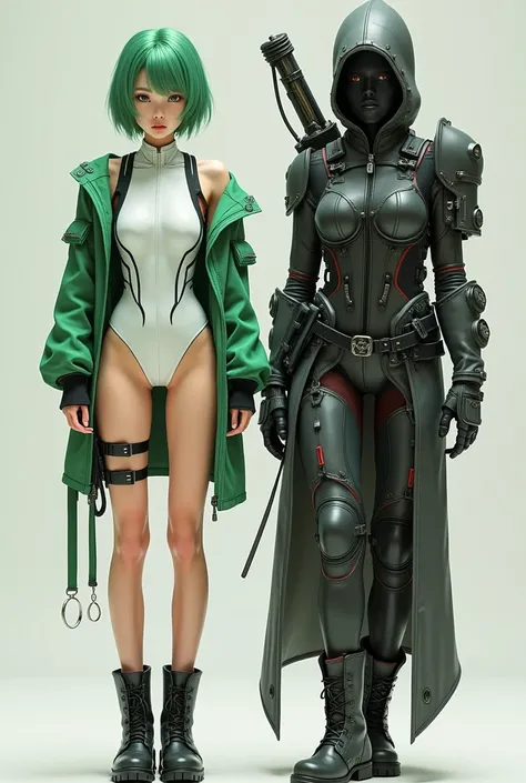 japanese woman, nineteen years old, green short hair, brown eyes, wearing white and green cyberpunk fashion, pilots leotard suit, legs exposed, boots, open jacket. setting; cyberpunk, future, space, colonies. standing next to a; korean woman as an assassin...