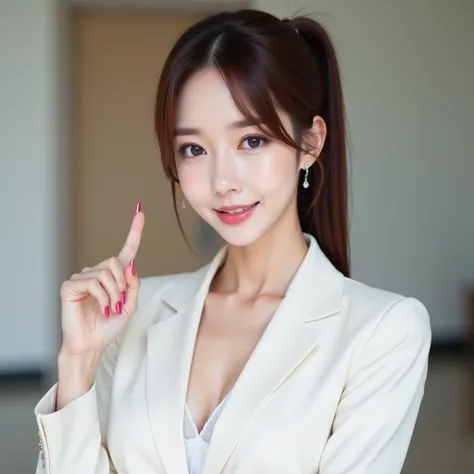 A beautiful Japanese woman wearing a white suit:1.21, sexy white blouse, extremely detailed skin, large breasts:1.22, deep cleavage, small head, cute face, brown straight hair:1.21, neatly styled, bright eyebrows, pony tail, with her arm bent and finger po...