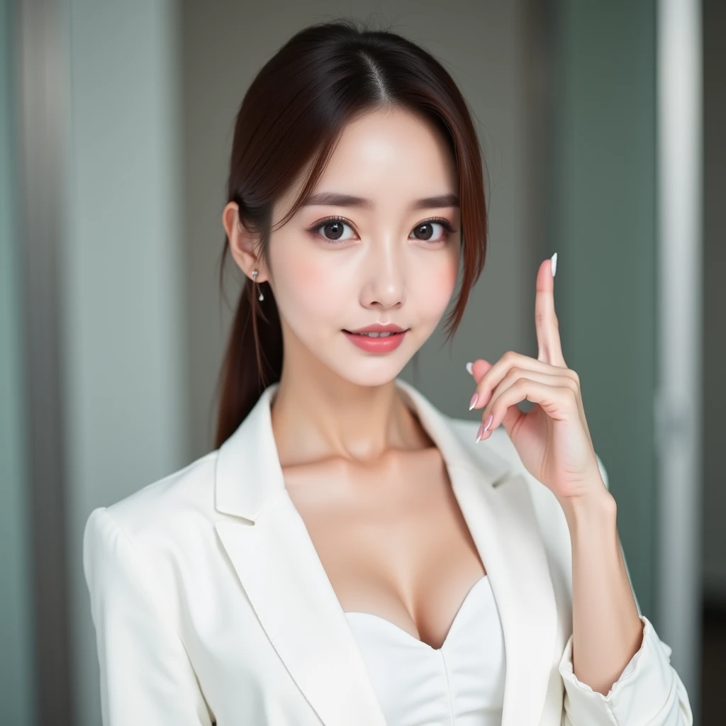 A beautiful Japanese woman wearing a white suit:1.21, sexy white blouse, extremely detailed skin, large breasts:1.22, deep cleavage, small head, cute face, brown straight hair:1.21, neatly styled, bright eyebrows, pony tail, with her arm bent and finger po...