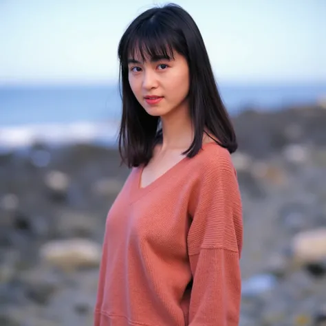 (((Mika, 1girl, solo, full body))), 8k, raw photo, perfectly focused, best focus, realistic skin texture, masterpiece, highest quality, photorealistic, V-neck sweater, seaside