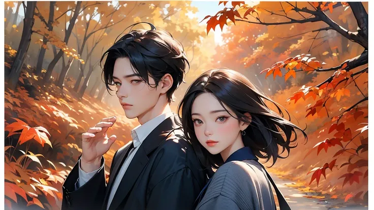 Back view of man and woman walking in autumn leaves。(Show your whole body)、(( character walking in autumn leaves concept art))、(Portraiture:1.2)、(detailed facial depiction、Side face like praying)、Short black hair、 casual clothes 、 Navy Blue Sweater 、 Pleat...