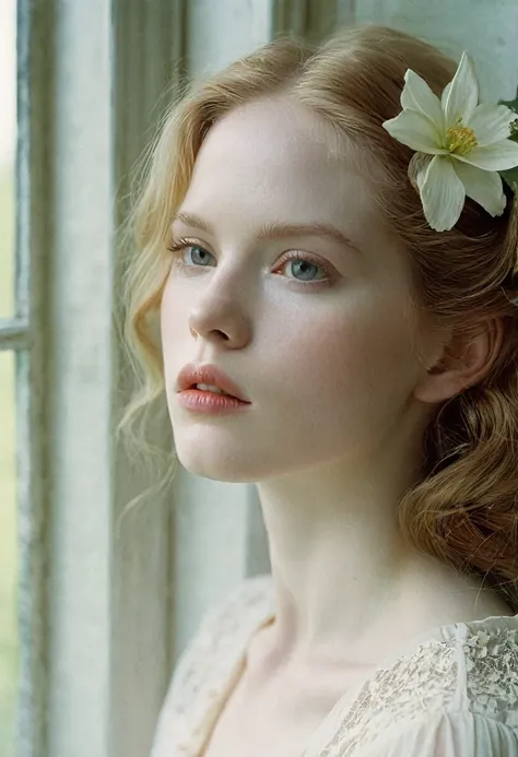 Arafed woman with a flower in her hair looking out a window, pale porcelain skin, David Hamilton, Close-up portrait still film, with pale skin, hada ellie bamber,  A still image of an ethereal , Delicate and charming face, monia merlo, pale and beautiful s...