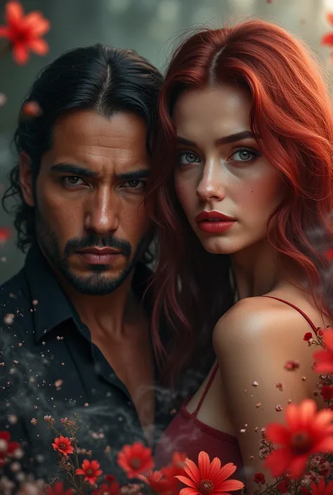 Cover of a romantic thriller with the face of a beautiful woman, long brown hair, next to a handsome mexican man with beard, Both mysterious, Like main characters; and in the background the beautiful woman trying to stop a wrong wedding, dark red wavy hair...