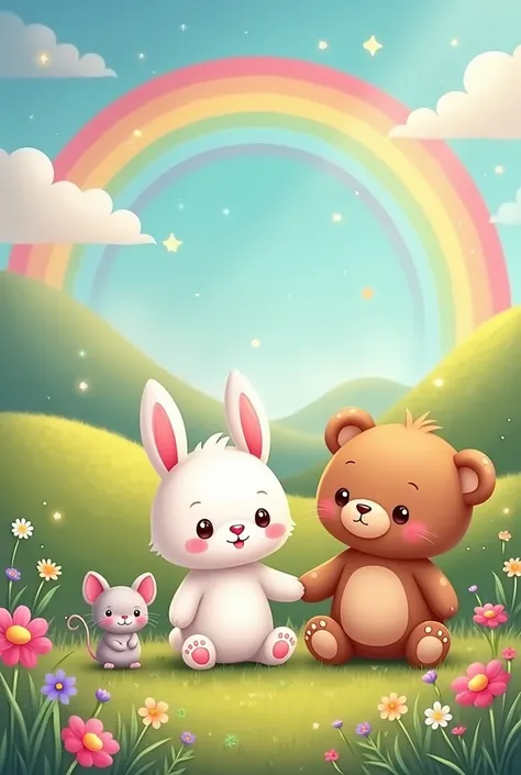 Now create a thin border for an A4 sheet with the same bunny,  the same teddy bear and the same little mouse in the rainbow valley