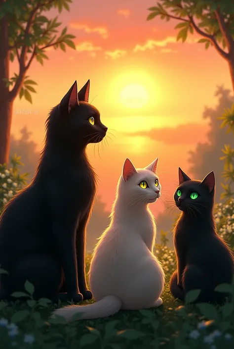 A black cat with a yellow-green white-breasted cat next to a green-eyed black cat watching the sunset.