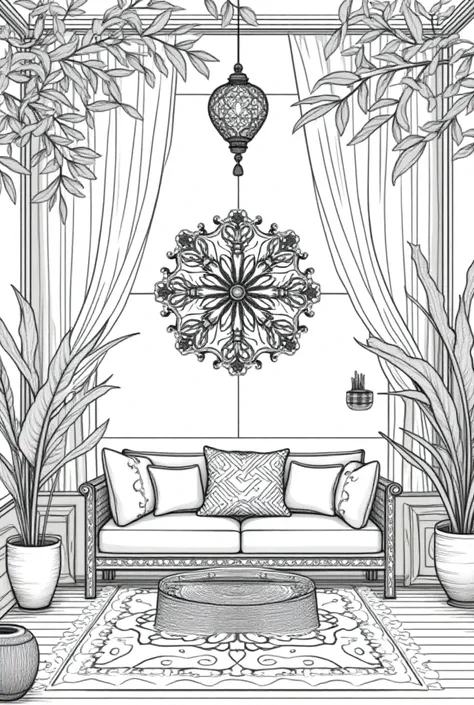 interior,  any room in a house or terrace decorated in a boho chic style, with ethnic patterns , plants,   and other elements of the boho style in interior design .  Design in black lines and white background to color ,  lines for beginners . with intricat...