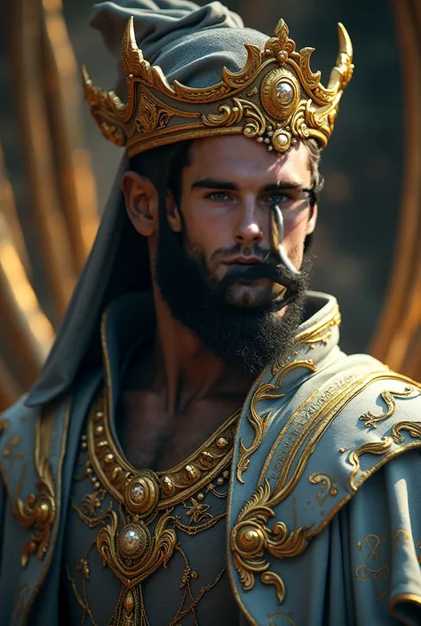 A man with eyes of the universe.,  detailed facial features , detailed eyes,  extremely detailed face,  Detailed lips , Wearing a crown, Royal robes,  adorned gold details , Majestic pose,  dramatic lighting ,  cinematographic , epic, fancy, arte digital, ...