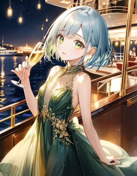 Highest quality、Light blue hair、Short Bob、Deep green eyes、Small breasts、Night Port、luxury passenger ship、deck、Night Sky、Golden evening dress、Looking up at the sky、holding a glass of champagne