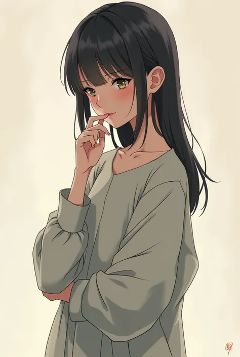 Anime woman in saggy clothing while biting her finger with a longing smile