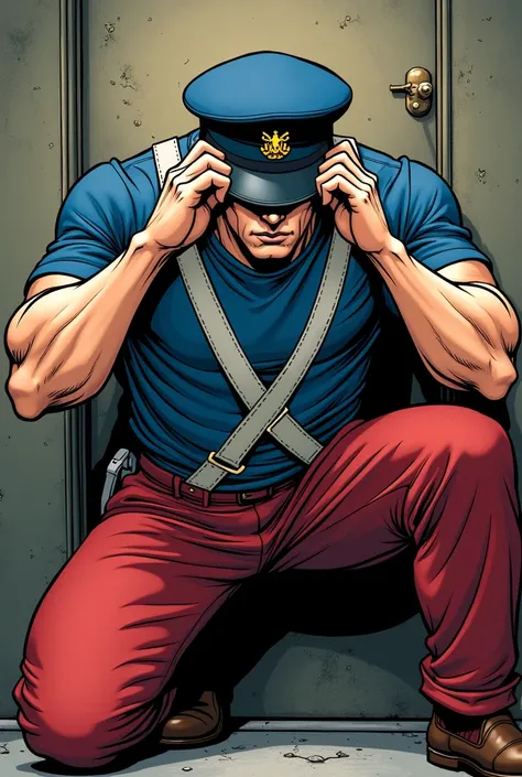 A shot sounds , The sergeant in the blue t-shirt with white straps in the shape of an x-axis but on his chest and red pants covers his head with the kepí.  in comic style 