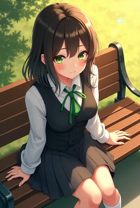 , the painting style is full、woman、Age: 20、Im not young、 The length of the hair is up to the shoulders、My hair isn&#39;t long、No hair accessories、The color of the hair is dark brown 、Hair highlights are green 、 and my bangs are long enough to fit my eyes、 ...