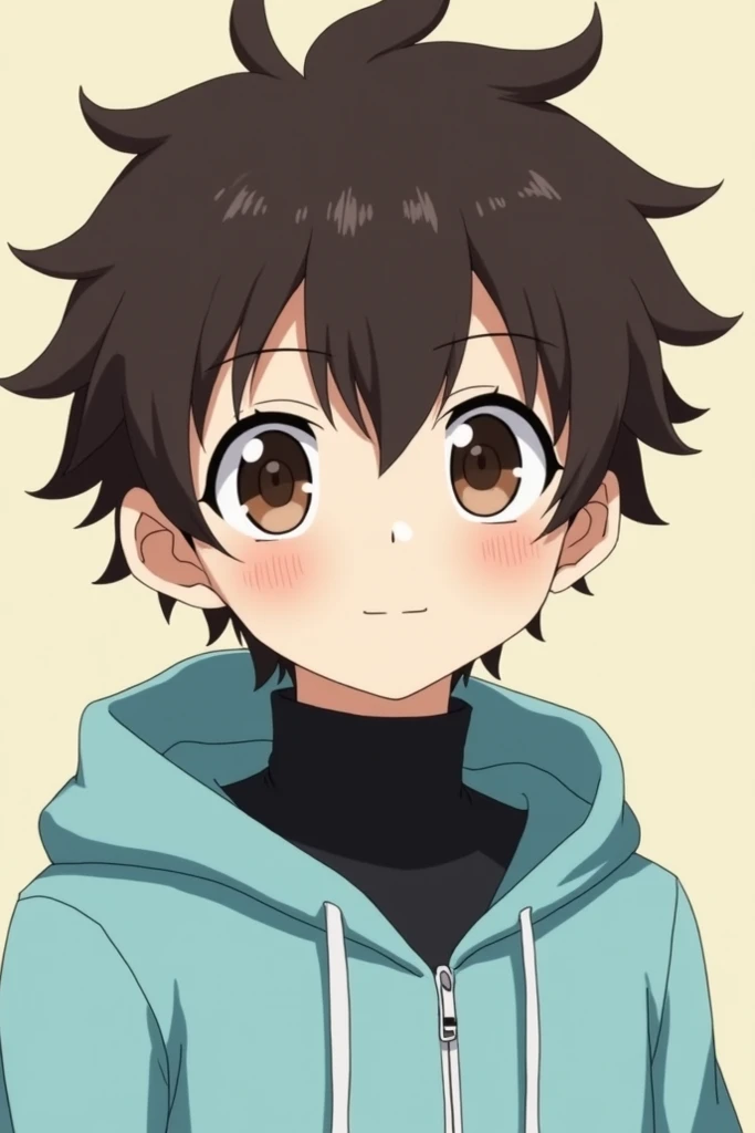 Boy with short dark brown fluffy hair, big dark brown eyes, wearing a black turtleneck and a pastel blue hoodie in Hunter x Hunter anime style.