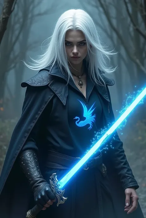 draw a picture of an assassin with white hair wearing a blue swan shirt and holding a blue glowing sword