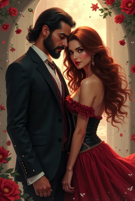 Cover of a romantic thriller with the face of a beautiful woman, long brown hair, next to a handsome mexican man with beard with wine red shirt and black vest, Both mysterious, Like main characters; and in the background the beautiful woman trying with a w...