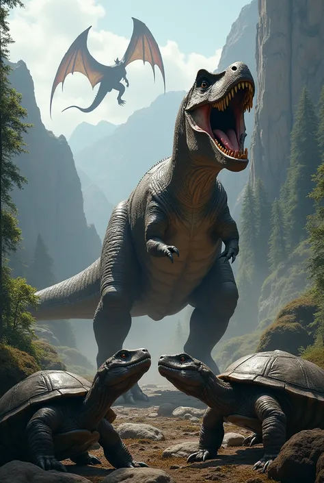  T Rex and carnivorous turtles like soft-shelled turtles face each other in a mountainous area、Monster dragons like 
