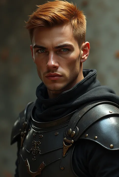 A young man, tall, with dark skin, His hair is evenly cut very very short and ginger, light green eyes, wearing a black leather armour.
 lips are very thin and his face is more delicate. His age is about 30 years old. . His nose is straight. His chin is le...