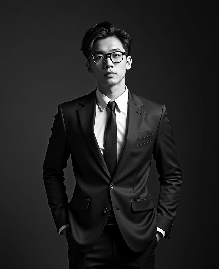 Portrait of a man in a suit, young handsome korean man, with Rayban glasses, Elegant and charismatic, Has a stage backdrop, Digital SLR, monochrome, S1000 series, C3, half body photoshoot
INFO
