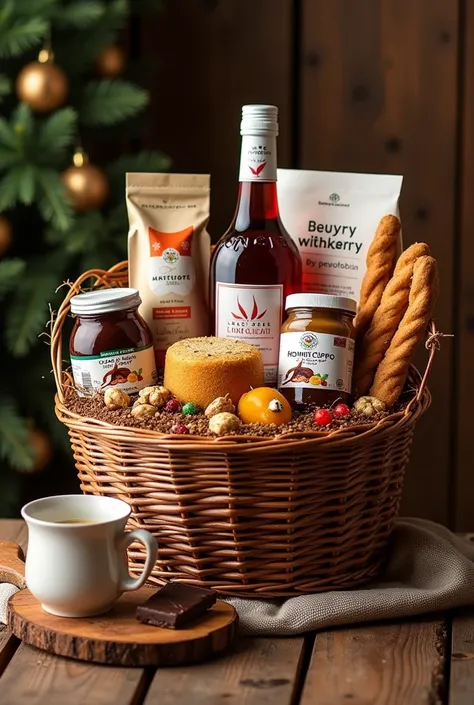  A gift basket containing a bottle of sangria,  one of rompope ,  a mini paneton ,  a coffee case to pass ,  chocolate bar , honey bee, Nutela ,  nuts and bread sticks ,  along with a cup .