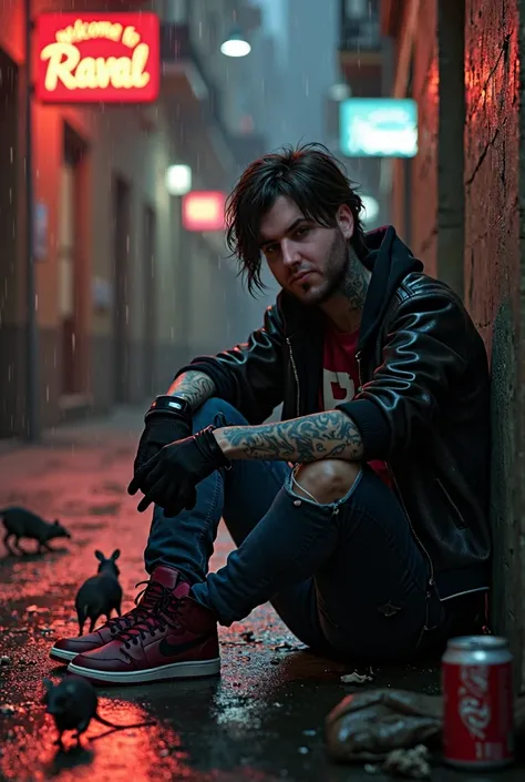 tattooed, sitting on the floor,  black gloves , black bomber jacket ,  burgundy t-shirt with the word BX written,  ripped jeans ,  burgundy sneakers Nike Air Jordan , Barcelona city old background, streetlights, raining, two rats ,   one garbage bag , Can ...