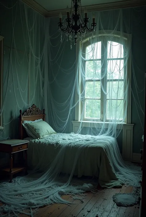  Victorian room in a dark castle ,  destroyed , broken windows,  chandelier fallen under the bed ,  room with giant cobwebs throughout the room ,  making it impossible to enter due to the amount of webs that cover every room,  and light coming through the ...