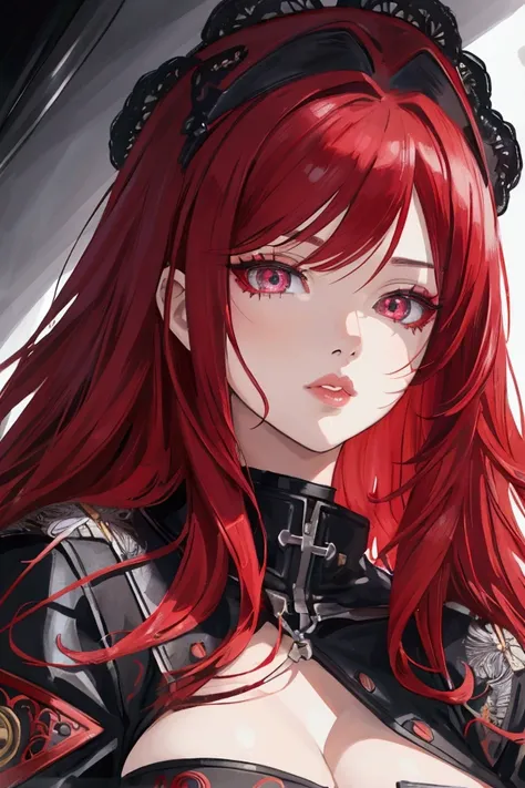 a woman with brilliant red hair, a black open jacket, anime style, detailed face, beautiful detailed eyes, beautiful detailed lips, extremely detailed eyes and face
