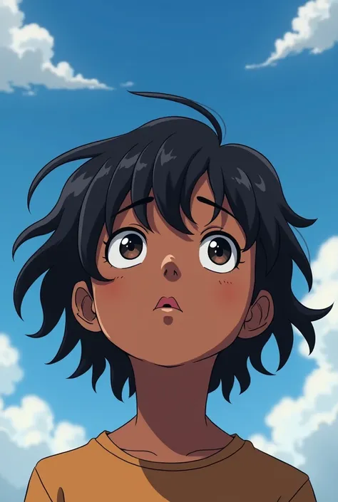 Dark-skinned boy with wavy hair looking up at the sky anime mode