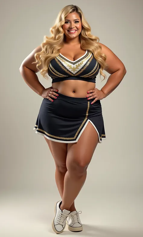 photorealistic full body photo of plus size cheerleader, blonde girl,(art by John William Waterhouse:1.2), (elegant pose:1.5),(hands on hips:1.5), (smile:1.2),(realistic:1.5),high quality,(lovely) ,intricate detailed cheerleader costume, ((highly detailed ...